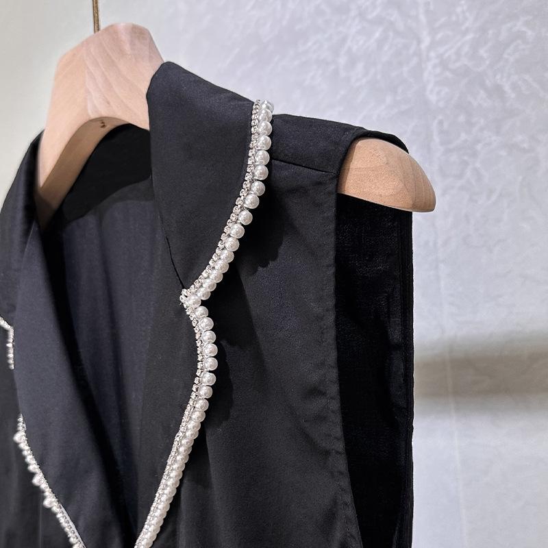 Black Hepburn Style Pearl Trim Vest & High Waist Skirt Set
