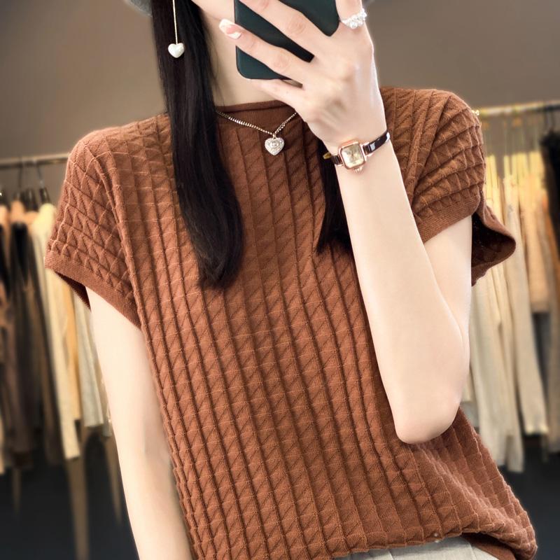 

Женская футболка, летний хлопковый топ, повседневный однотонный вязаный женский пуловер, футболка с коротким рукавом и круглым вырезом, модный свитер XL кофейный