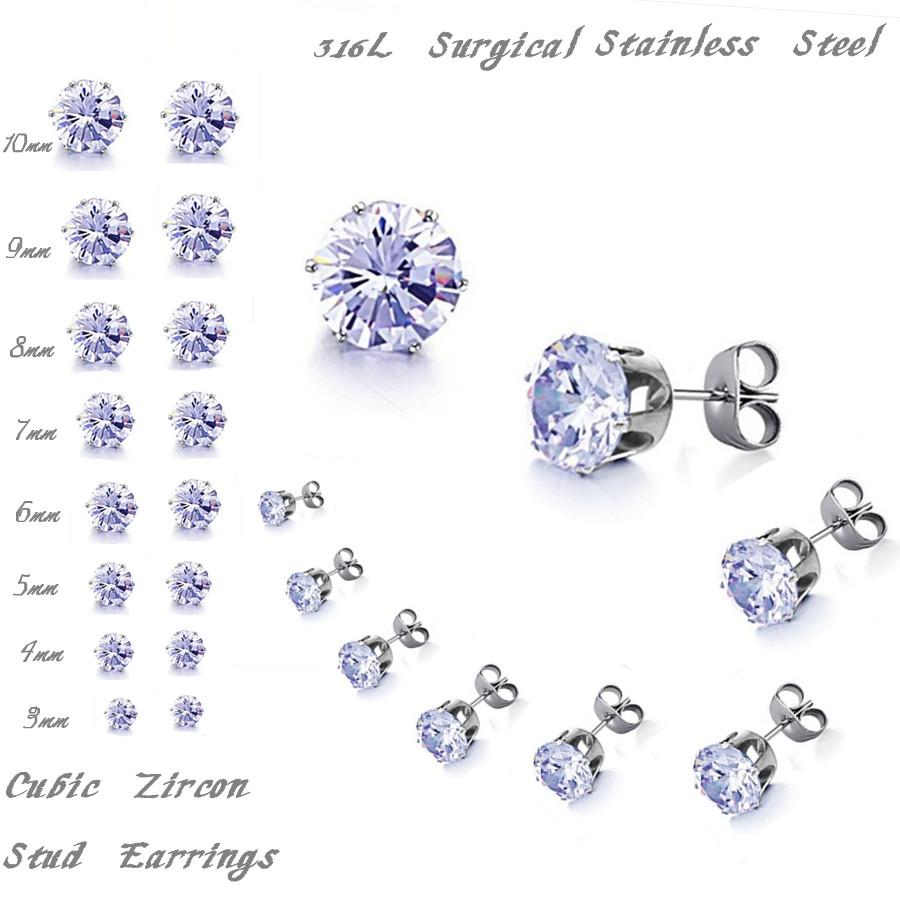 LUXUSTEEL 10Pairs 316L Stainless Steel Different Color Round/Square Shaped Brilliant Cubic Zircon Stud Earrings Sets Bijoux