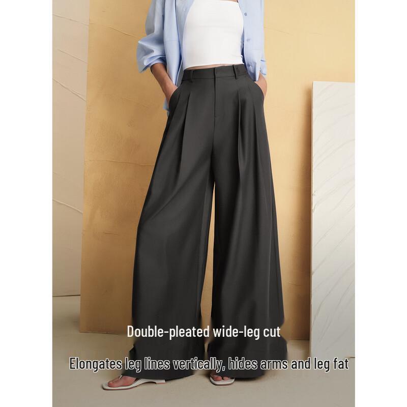 ELLE Women's French Relaxed High-Waist Wide-Leg Trousers