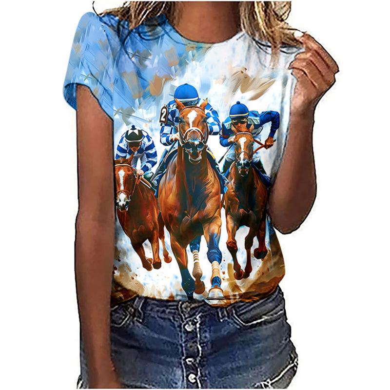 Summer Comfortable Soft Short Sleeved T-shirt Colorful Horse Riding Pattern Print Fashionable Relaxed Women's T-shirt