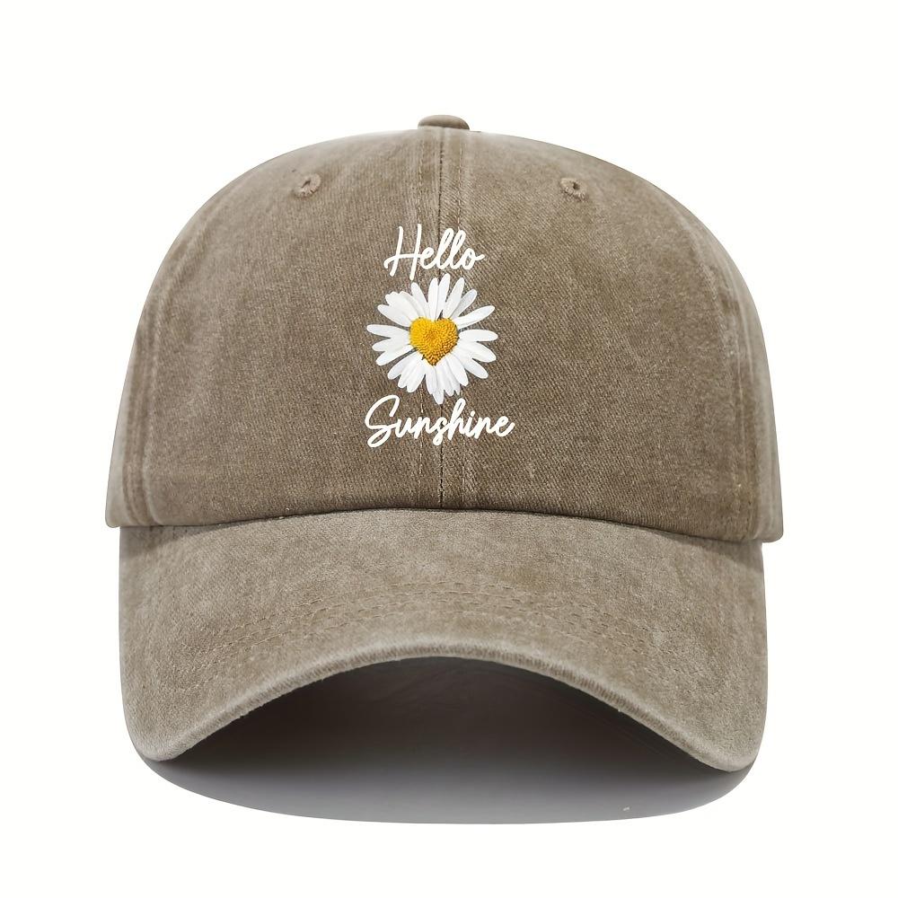 Hello Sunshine Daisy Printed Distressed Baseball Cap Lightweight Dad Hat with Adjustable Curved Brim Multiple Colors Availab