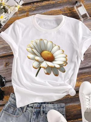 (Asian Size) Women Tees Cute Flower Trend Top Clothing Casual Short Sleeve T Shirt Tee Fashion Print Ladies Female Graphic T-shirts