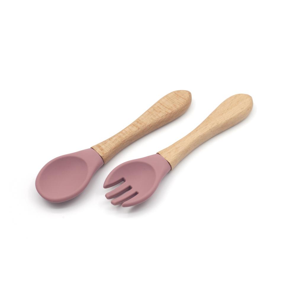 Silicone Baby & Toddler Tableware with Wooden Handle Fork & Spoon for Feeding Training