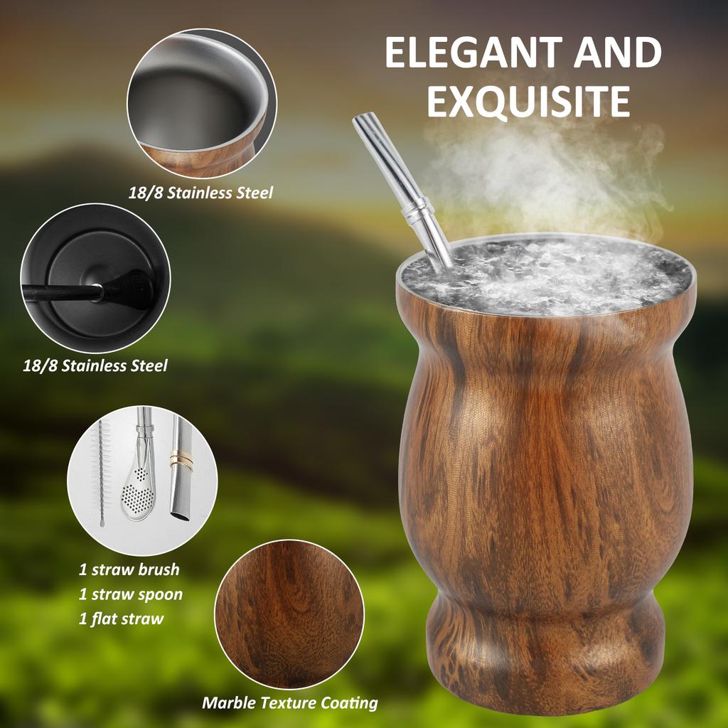 8oz Yerba Mate Tasse Edelstahl Mate Tee Tassen Set mit Strohhalm Bürste Strohhalm Löffel Flacher Strohhalm und Deckel Isolierte Yerba Mate Teetasse