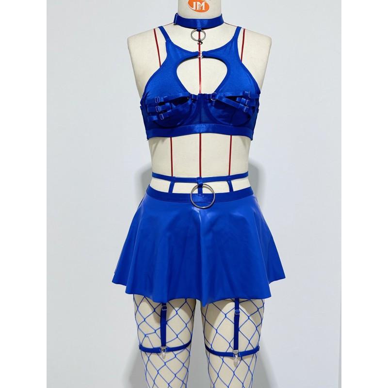 Sexy Lingerie Set: Solid Color Faux Leather Skirt With Mesh Stockings Adjustable Strap Push-Up Bra Roleplay Costume