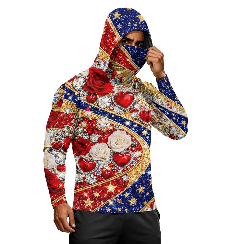 Men's Long Sleeve Lightweight Hoodie with Drawstring Hood and Face Covering Flag Print Casual Pullover Top
