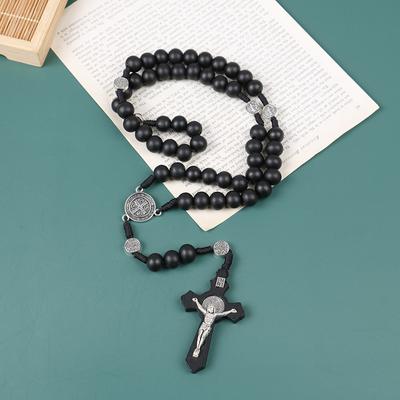 Religious Wooden Antique Black Cross Rosary Pendant Jesus Saint Beaded Necklaces