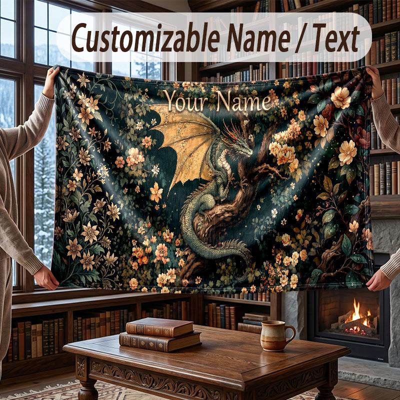Dragon Theme Throw Blanket Custom Name Text Personalized Blanket Soft Cozy Blanket for Home Sofa Bed