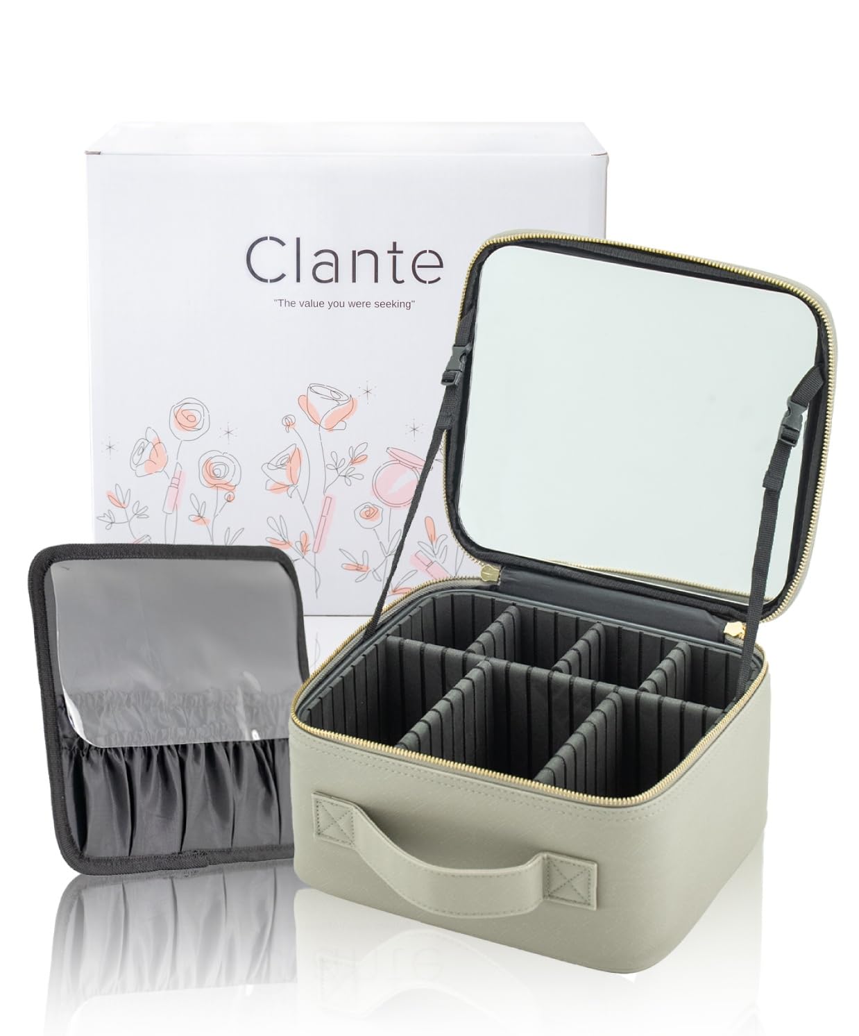

Clante Makeup Box with Large Capacity Colors 13cm Height for a Stylish Portable Cosmetic 13cm Tall Mirror, [6 Available, Look], Box, (Grey Beige)