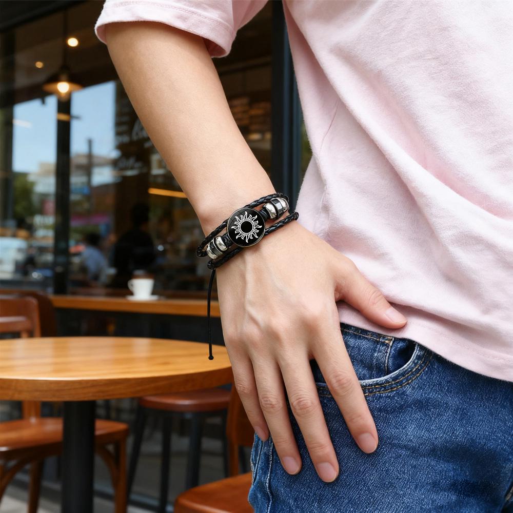 Luminous Sun and Moon Lovers Leather Bracelet - Vintage Punk Multilayer Beaded Design, Ideal Couple Gift