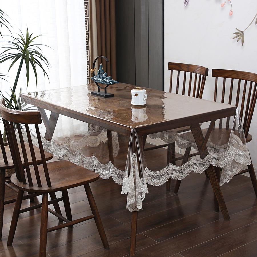 PVC No-rinse Lace Trim Tablecloth Waterproof and Oil Resistant Household Coffee Table Wear-resistant and Anti Slip Tablecloth for Dining Tables
