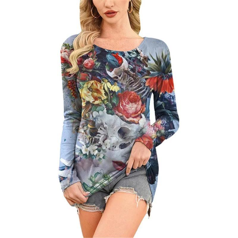 European and American Fashion Oil Painting Style Printed Casual Long Sleeved T-shirt O Neck Oversized Tees Tops Women's Clothing