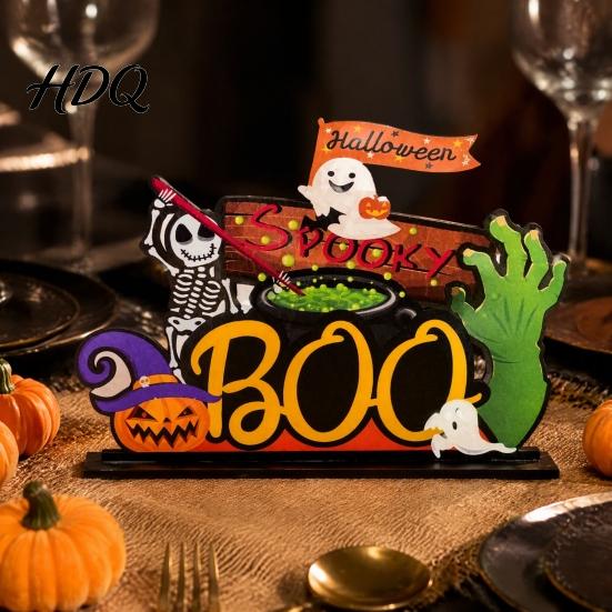 Holiday Desktop Layout Ornaments Halloween Tabletop Decor Signs Pumpkin Ghost Gnome Wood Centerpiece Blocks Spooky Cartoon Style Figures Party