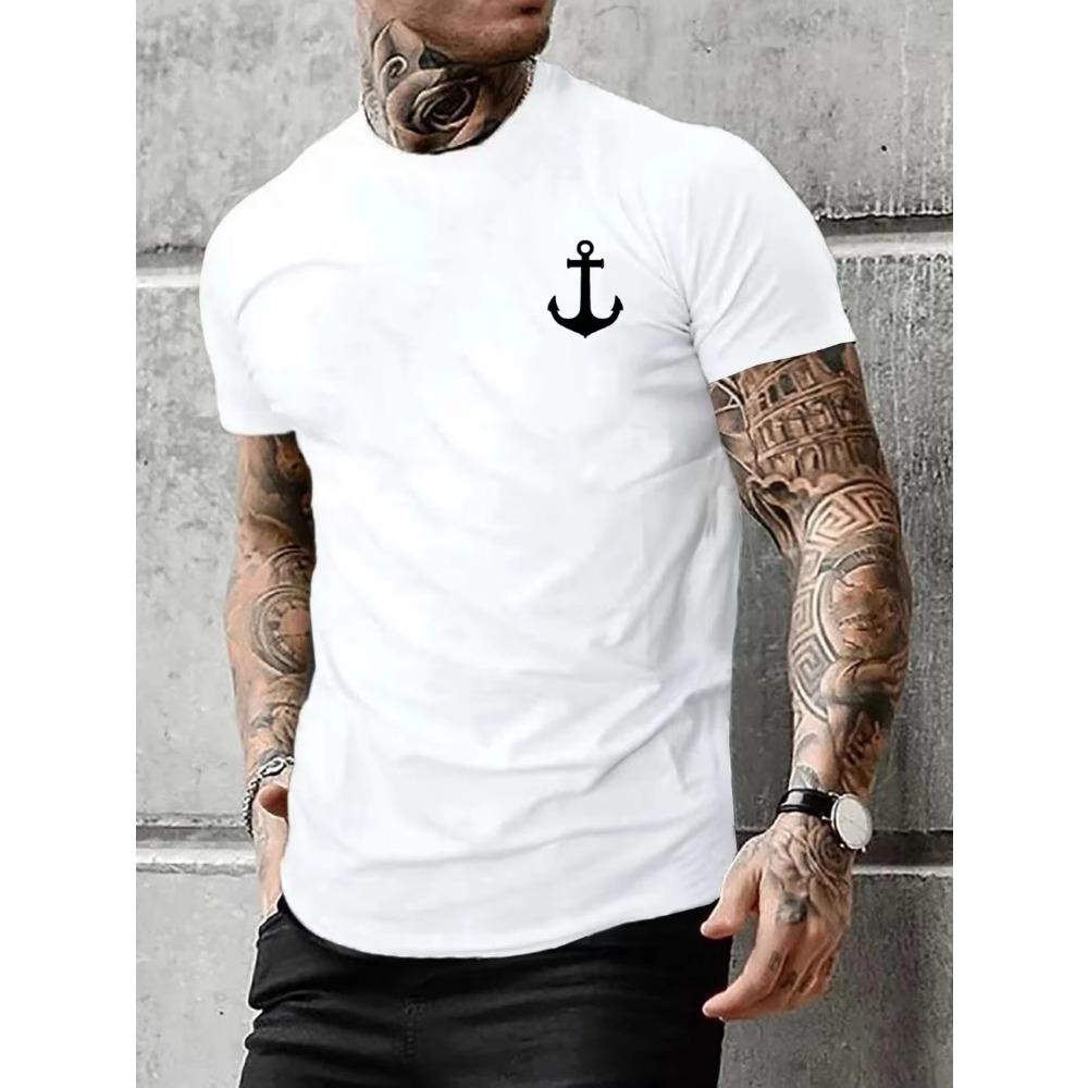 Men's Summer Casual Loose Size 100% Cotton Anchor pattern Print Round Neck Short Sleeve T-shirt Top