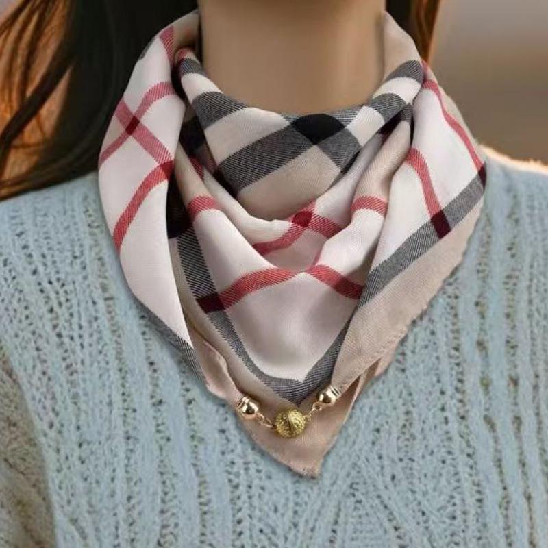 Women's 65" Silk Square Scarf with Magnetic Buckle – Autumn/Winter Print, Fashionable & Versatile Triangle Snood