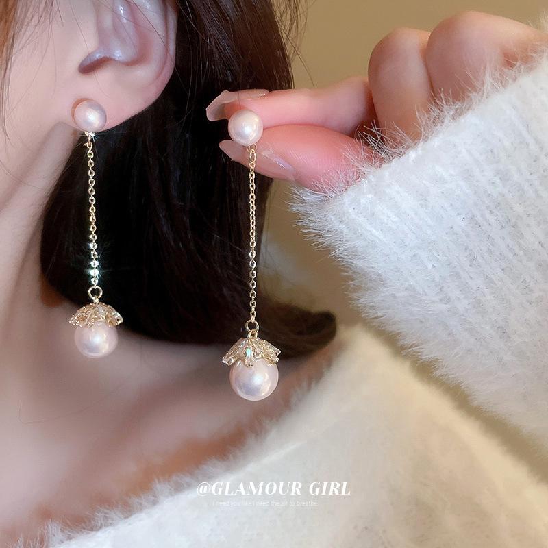 Náušnice se střapci z perel a zirkonů se stříbrnými jehličkami - Francouzský lehký luxus, High-end móda, Všestranné dámské pecky