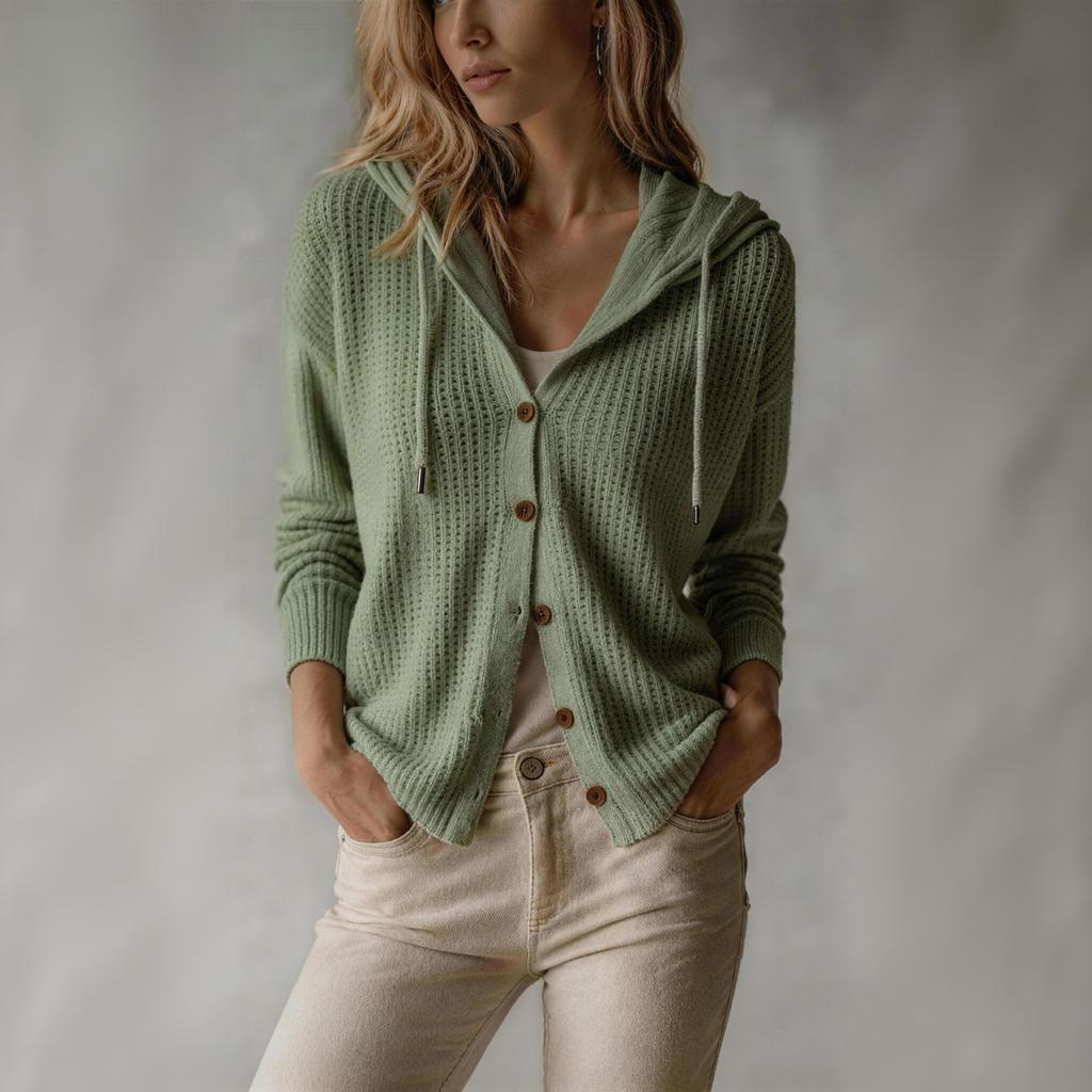 Women's Hooded Knit Cardigan Color Loose Fit Lightweight Outerwear Top for Casual Everyday Wear