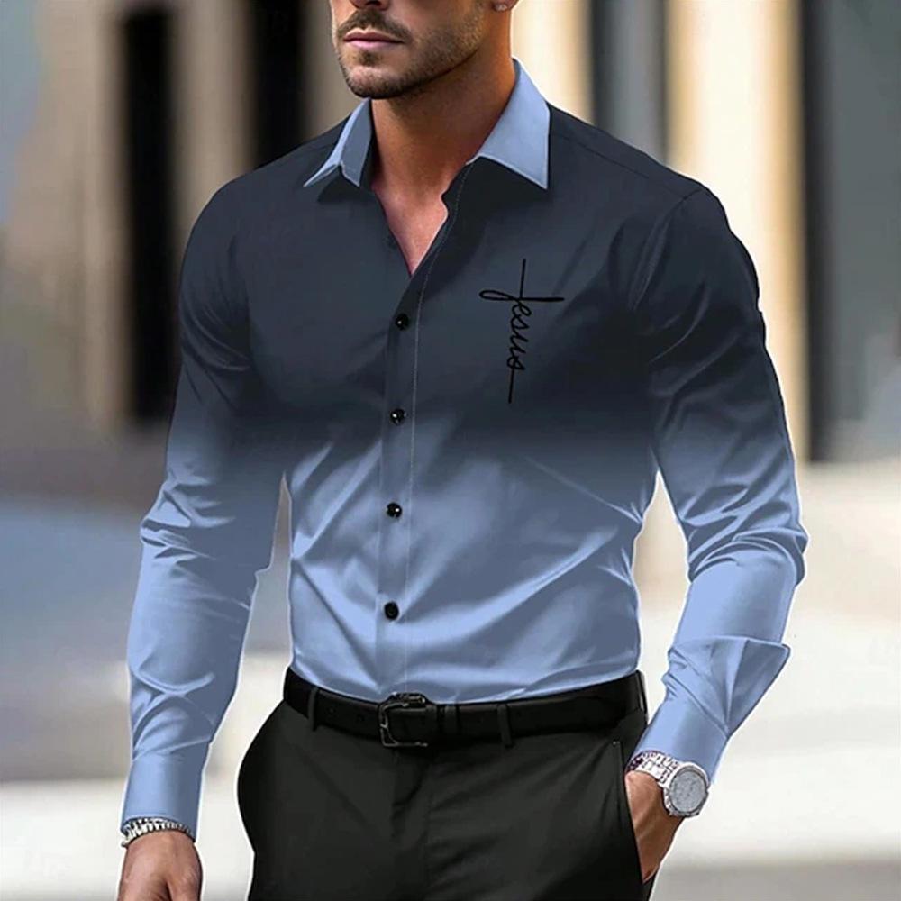 Button-Up Long-Sleeve Shirt with Jesus Cross Print, Great for All Occasions