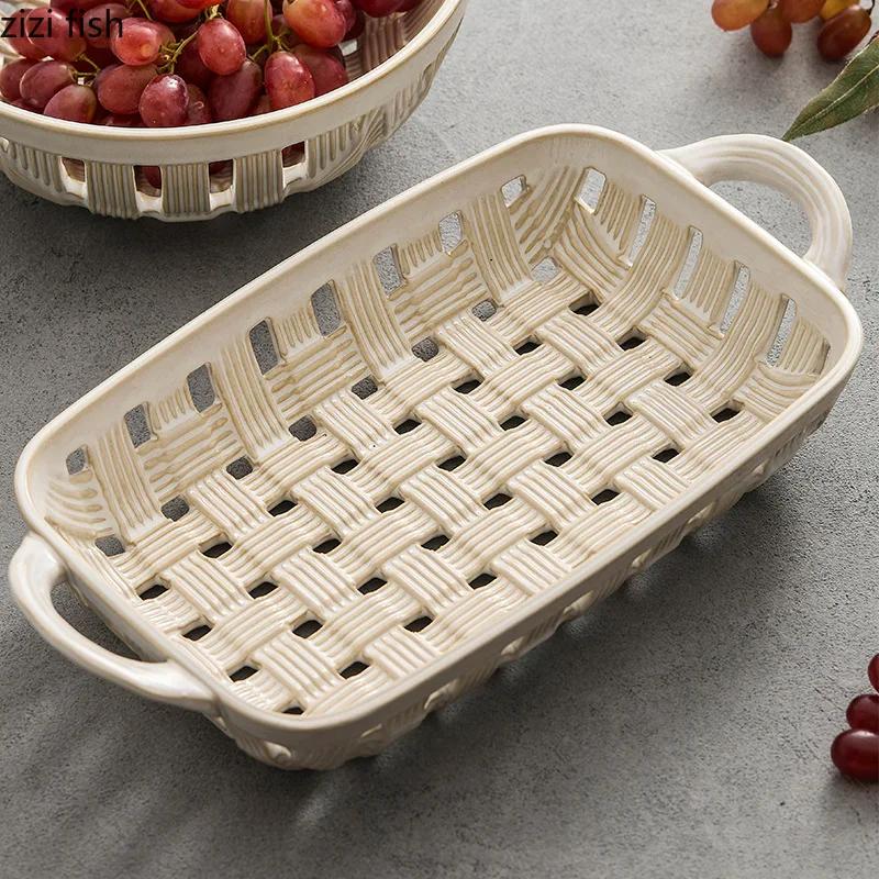 Weave Ceramic Fruit Tray Fruit Basket Nut Fruit Bowl Living Room Coffee Tables Candy Snack Storage Tray Kitchen Tableware