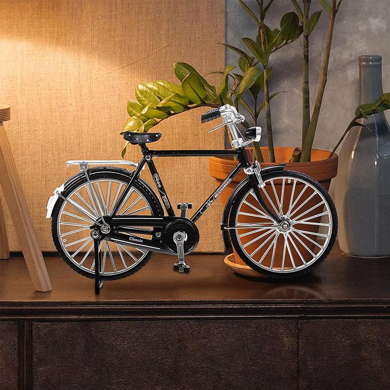DIY Retro Bicycle Model Ornament For Kids, 1:10 Simulation Mini Bicycle Model Scale Kit With Inflator And Briefcase Finger Bike Models Toysblack