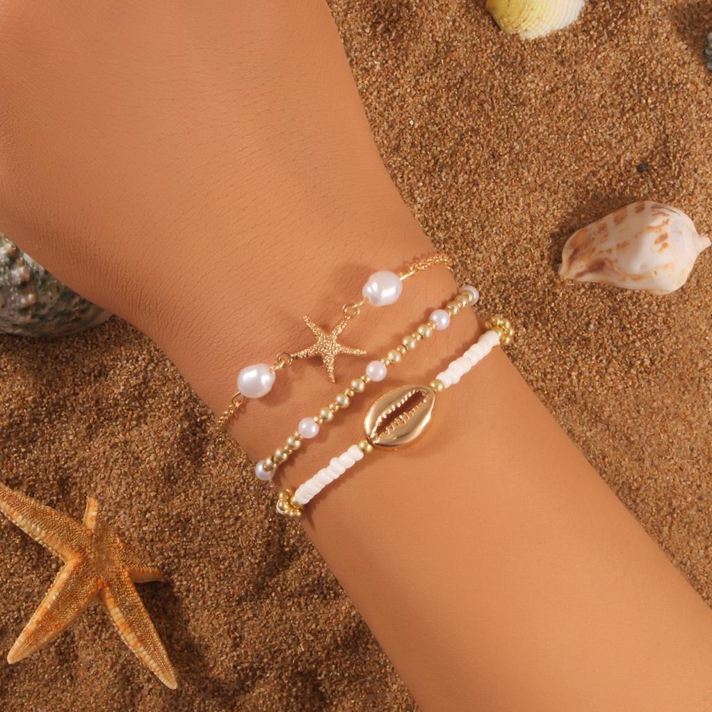 Exquisite Handmade Starfish Shell Bracelet Set Korean CCB Rice Bead Bracelet Women's Daily Party Summer Beach Zircon