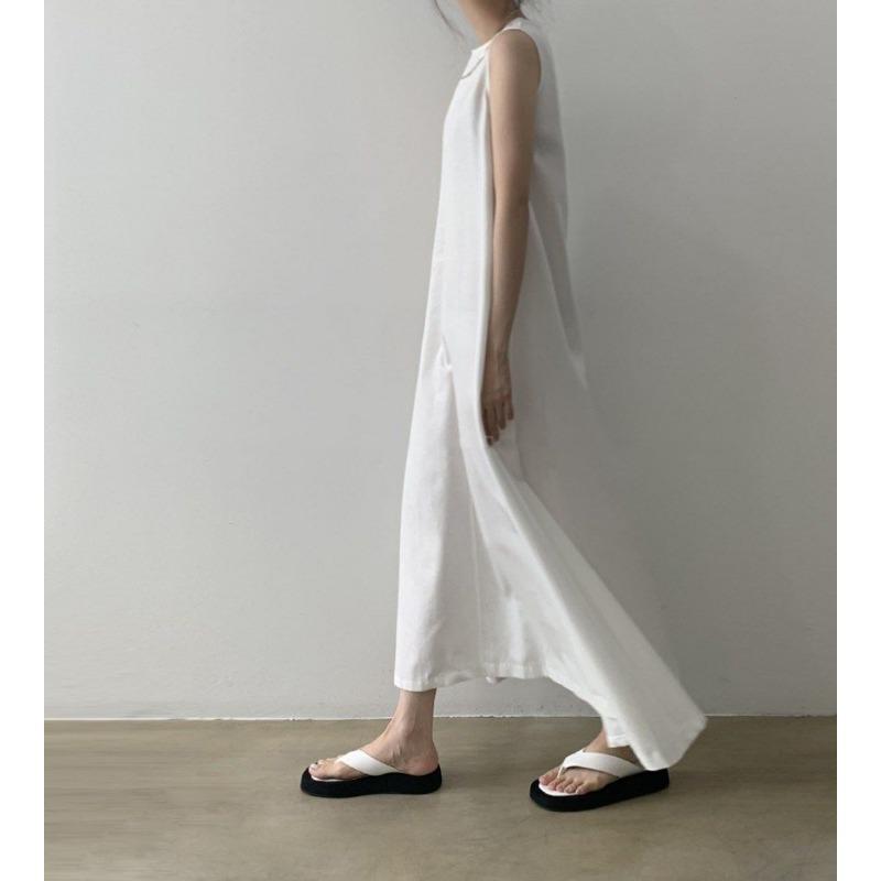 Women Summer Vintage Cotton and Linen Long Tank Dress Sleeveless Loose Waist Large Hem Round Collar Midi Sundress