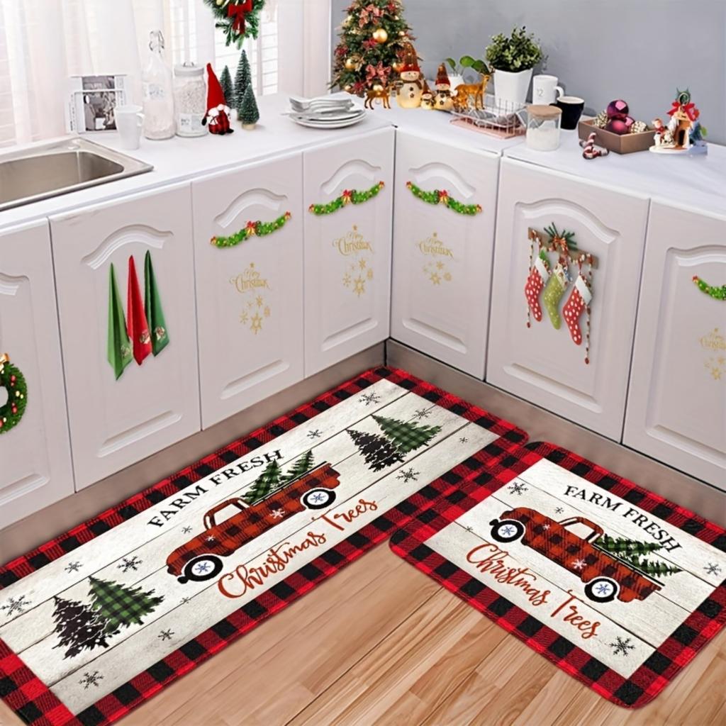 Christmas Red Plaid Pickup Truck Tree Snowflake Kitchen Rug Set Non Slip Washable Floor Mat Indoor Holiday Decor