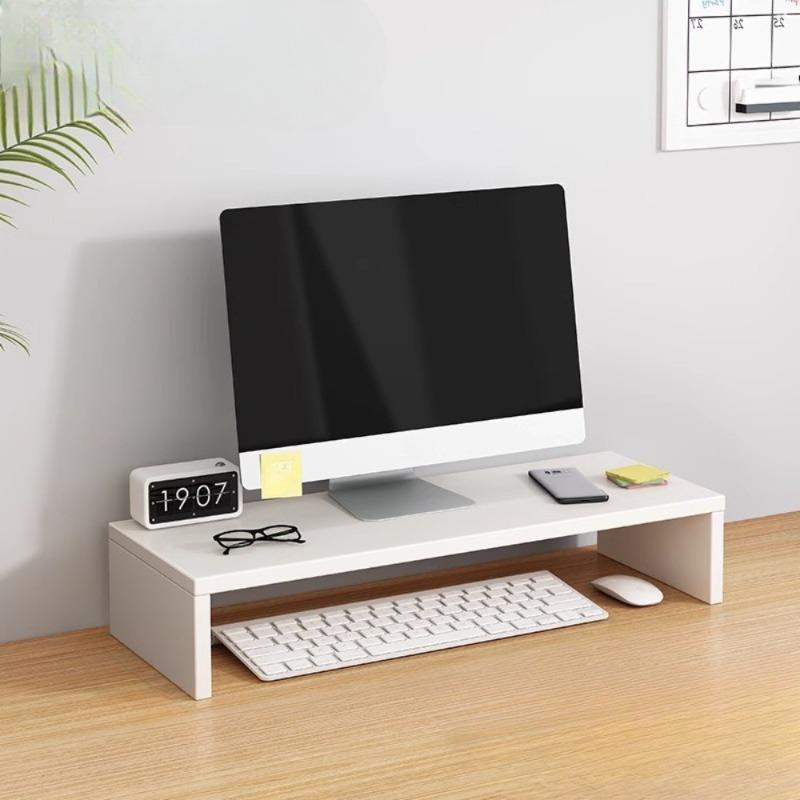 Modern White Matte Wooden Laptop Stand - Elegant Desk Organizer with Multi-Layer Storage Rack for Office & Dorm Room Efficiency