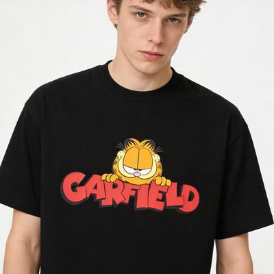 Garfield Classic Face "GARFIELD" Print Short Sleeve T-Shirt, American Streetwear Brand Heavyweight Cotton Loose Fit Oversized Couple Top