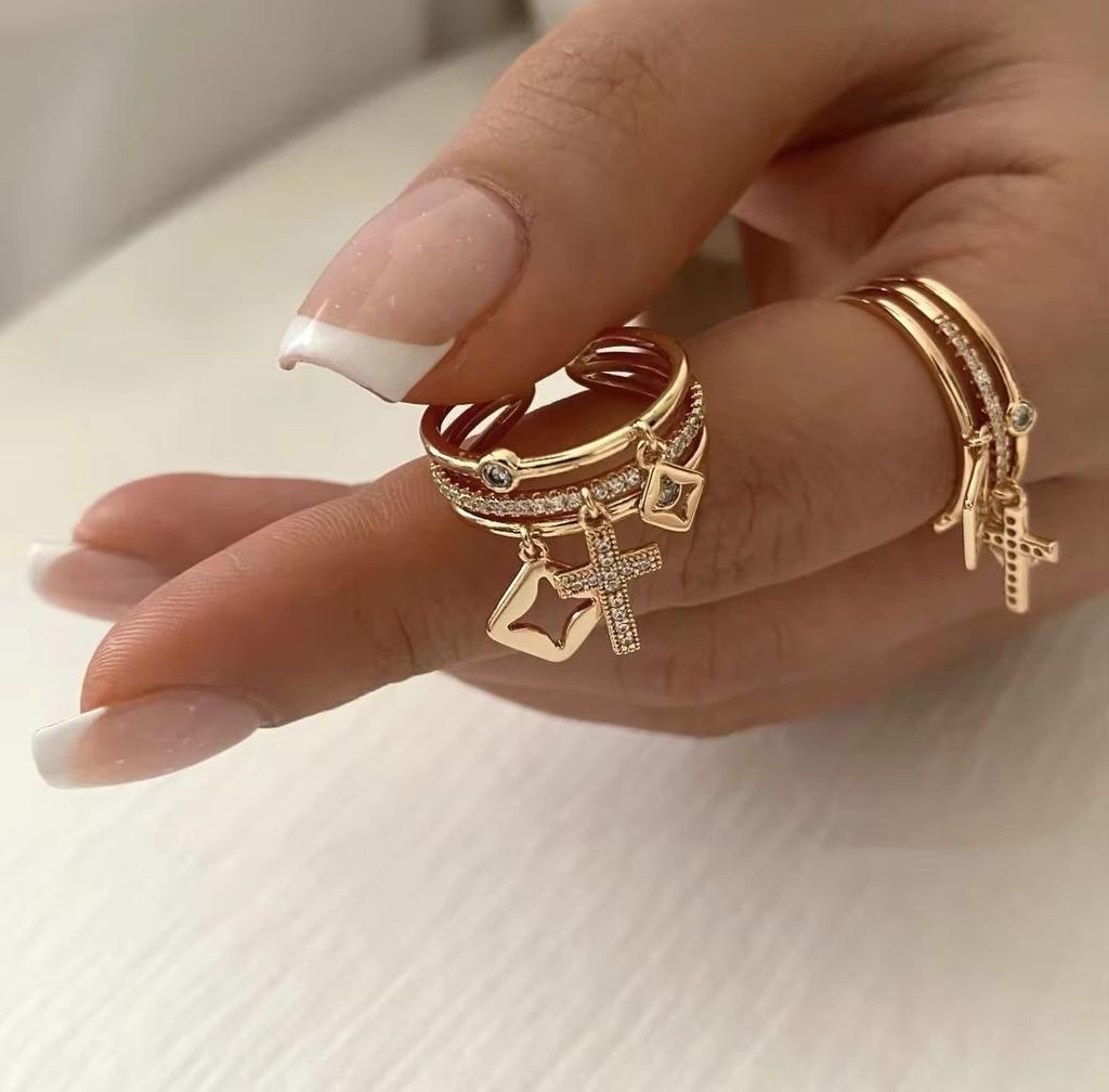 Nwe Stainless Steel 18 K Gold Plated Sun Rings For Women Natural Stone Inlaid In Hollow Metal Texture Ring Trendy Jewelry