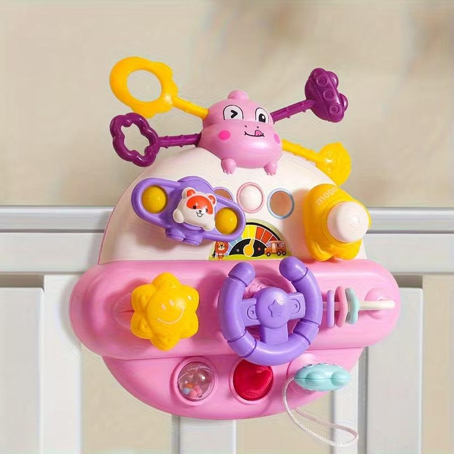 

Baby Steering Wheel Busy Board Toys Interactive Pull & Spin Toy with Cartoon Sensory Early Learning for High Chair & Car Seat розовый