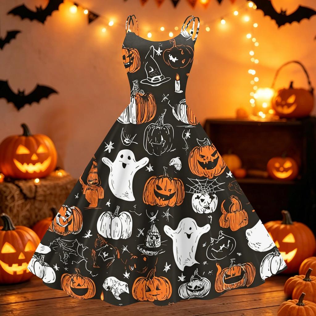 Women's Halloween Print Off Shoulder Dress Vintage Punk Style Sleeveless Spaghetti Strap Swing Dress with Flared Skirt for Party