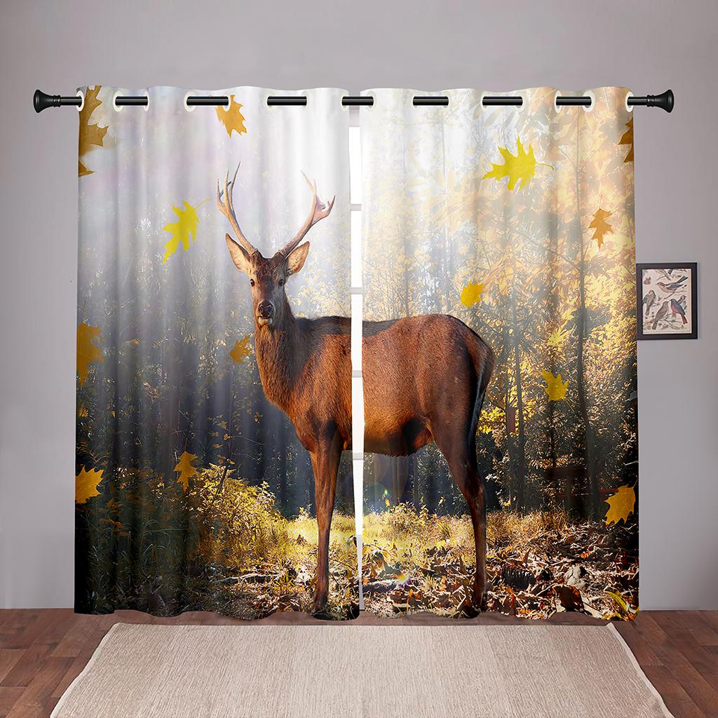 Thick 90% Shading Nature Deer Animal Forest Green TreeBlackout Window Curtain For Bedroom Living Room Bathroom Kicthen Door Hall
