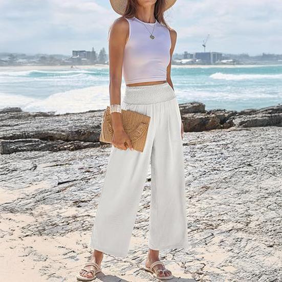 Casual Pants Anti-Wrinkle Elastic Waistband Long Pants with Pockets Pure Color Loose Fit Wide