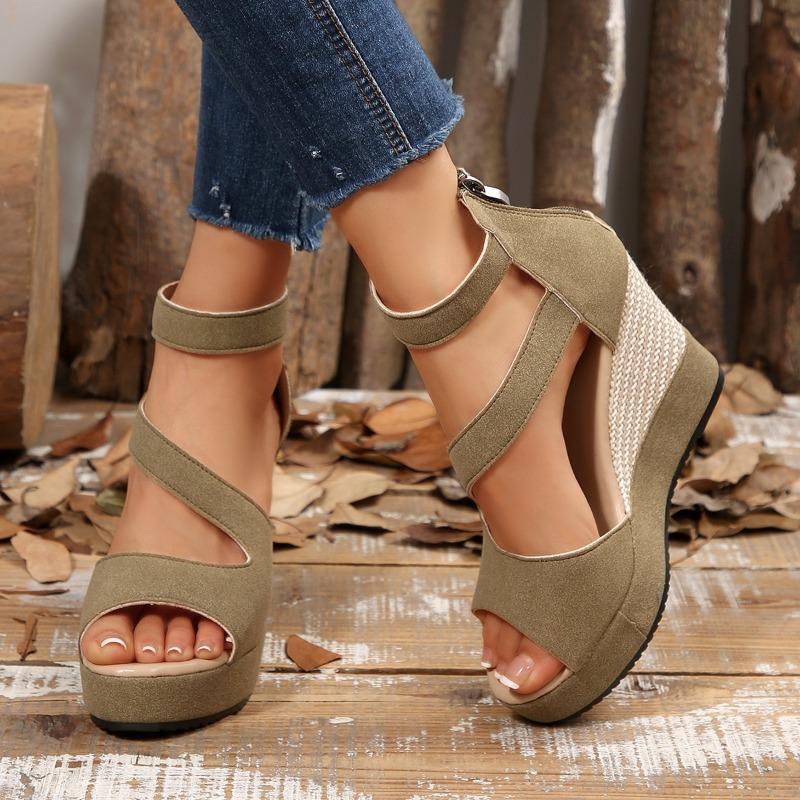 New large size women's shoes, fish mouth women's sandals, wedge heel sandals, zipper high heel sandals after outer wear