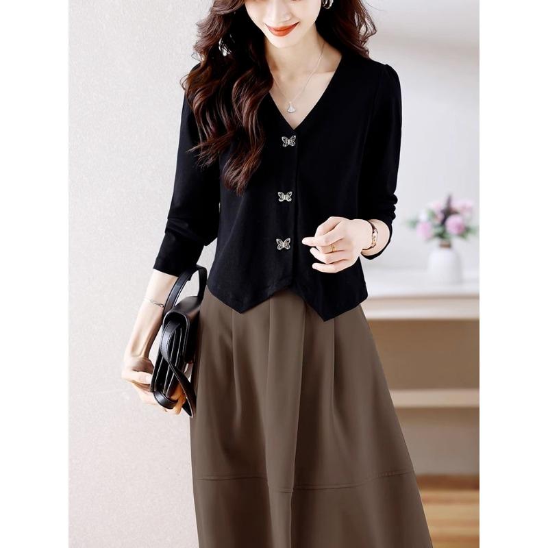 

New French Style Simple Loose Butterfly Buckle Long Sleeves to Cover the Flesh to Make You Look Slim Elegant S чёрный