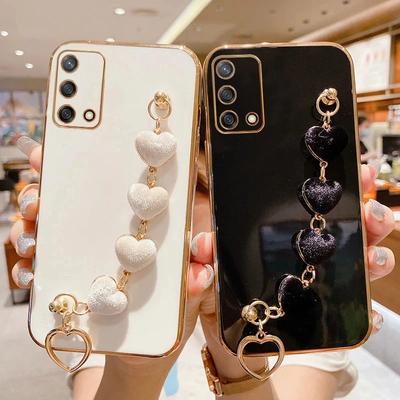 Love Heart Plush Bracelet Case For Vivo V21 Y20 Y20S Y21 Y22 Y22S Y35 Y51 Y73 Y76 V20 V23 V25 V29E Chain Plating Silicone Cover