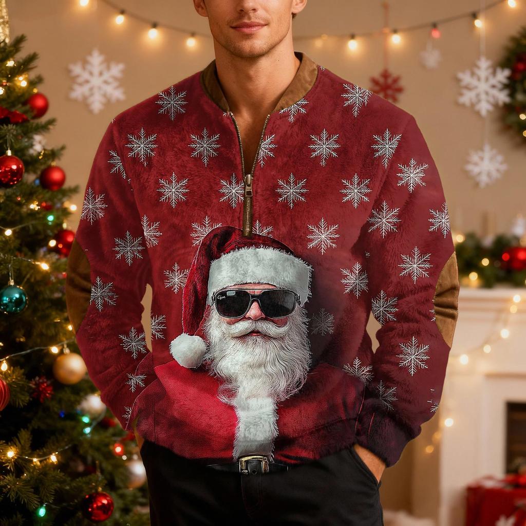 Mens Christmas Sweater Zip Up Sweatshirts Vintage Knit Graphic Sweatshirt Xmas Stand Collar Pullover