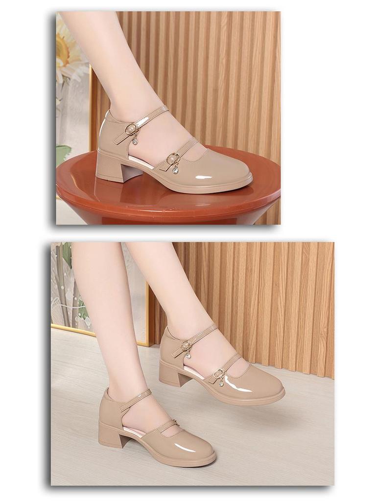 Damen 2024 Hollow Chunky Heel Sandalen: Mittelhoher Absatz Leder mit Ein-Wort-Schnalle & Geschlossene Zehe – Sommerlicher Sanfter Stil