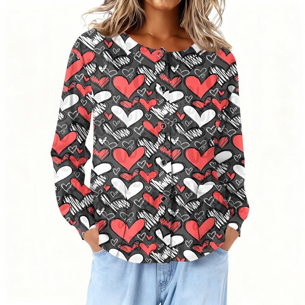 Women Long Sleeve Printed Pocket Working Stand Collar Single-breasted Protective Overalls Cardigan Jacket Top