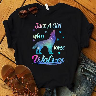 Just A Girl Love Wolves Print Camiseta feminina Manga curta Gola redonda Camiseta feminina solta Camiseta feminina Tops Camisetas Mujer
