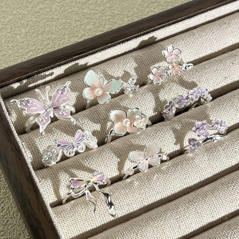 Diemeng Sakura Gradient Butterfly‑Flower Open Ring Sweet Mori Gentle Cold‑Wind Niche Adjustable Index‑Finger Trend Jewelry
