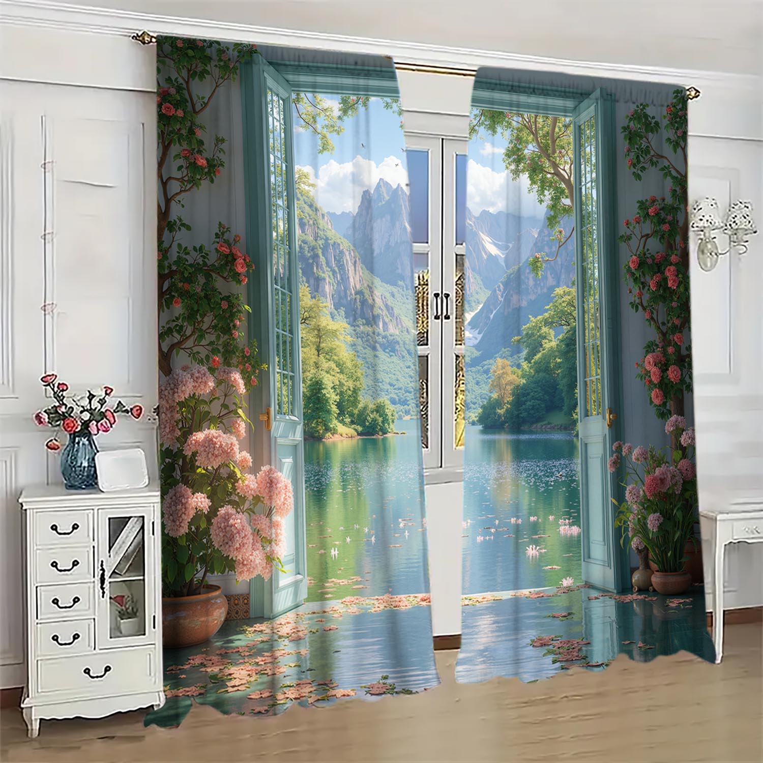 

Piece Simulated Windows Lakeside Flower Room Themed Curtains Suitable Decorating Various Types Made Of Polyester W100*H70(CM)-Rod Pocket&2PCS