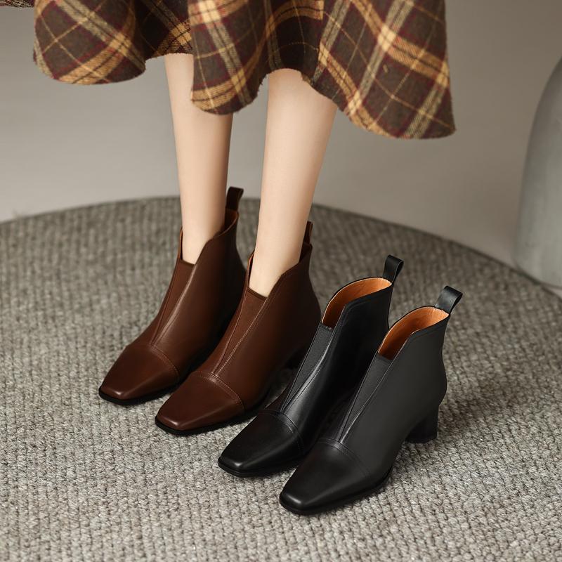 Fashion Women's new autumn and winter square toe retro leather cowhide mid heel thick heel size Chelsea calf boots