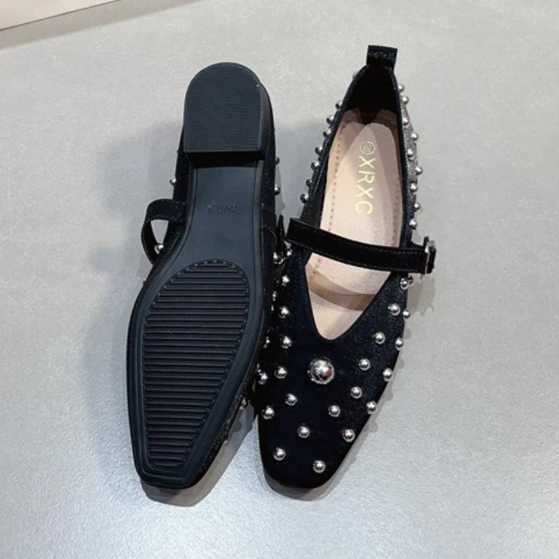 Fashion Luxury Metal Rivet Decoration Low-heeled Shoes Women Fashion Square Toe Buckle Brand Designer Shoes Elegant Comfort Office Shoes