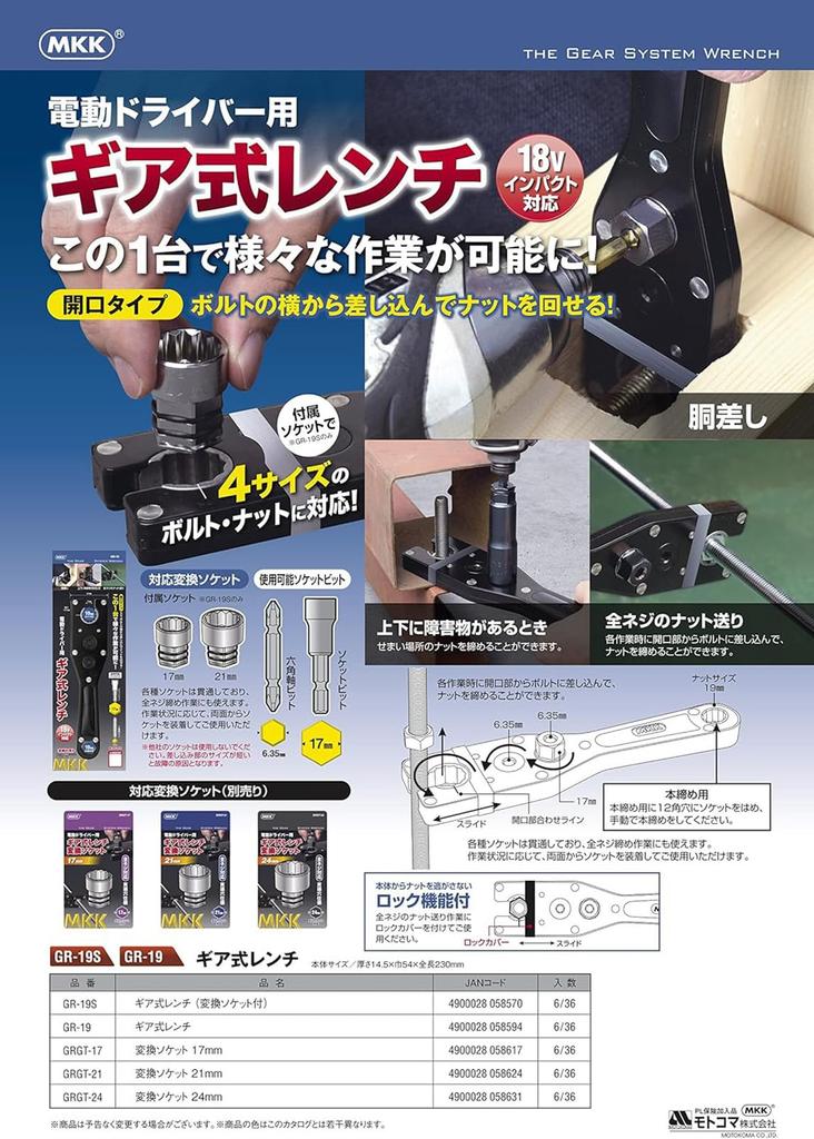 Motokoma MKK Gear Wrench for Electric Screwdrivers 17mm and 21mm Conversion GR-19S (Includes Sockets)