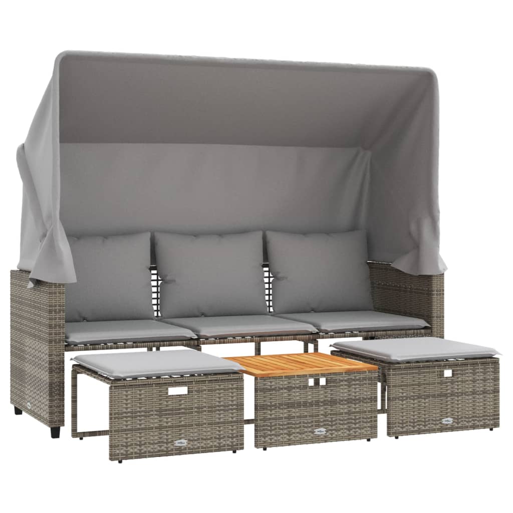 3-Sitzer Outdoor-Sofa mit Baldachin und Hocker Grau Poly-Rattan