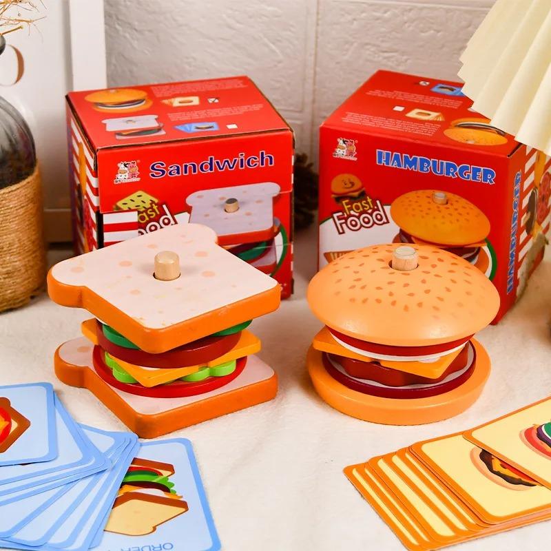 Montessori Toys For 2 3 Year Toddlers%Wooden Burger*Sandwich Stacking Toys|Fine Motor Skills Foods&Preschool Learning Blocks Plaything