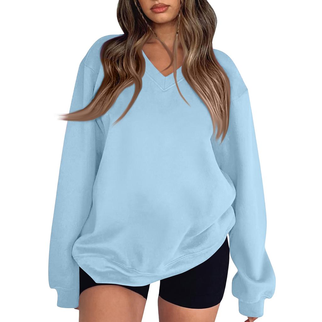 Women's Long Sleeve V-Neck Sweatshirt Color Casual Pullover Top